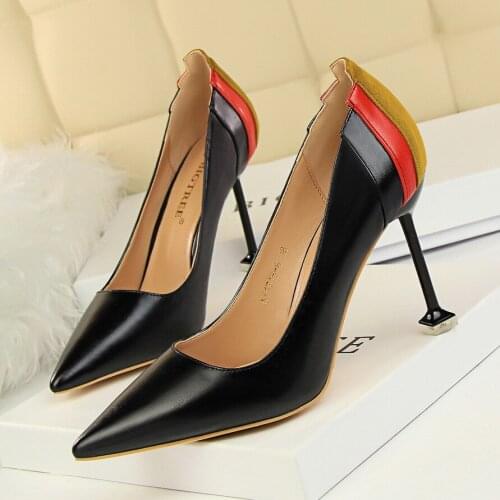 Autumn Women Shoes Pointed Toe Pumps 9.5CM Thin Heels Wedding Dress Shoes Colorblock Sexy PU Leather High Heels Boat Shoes