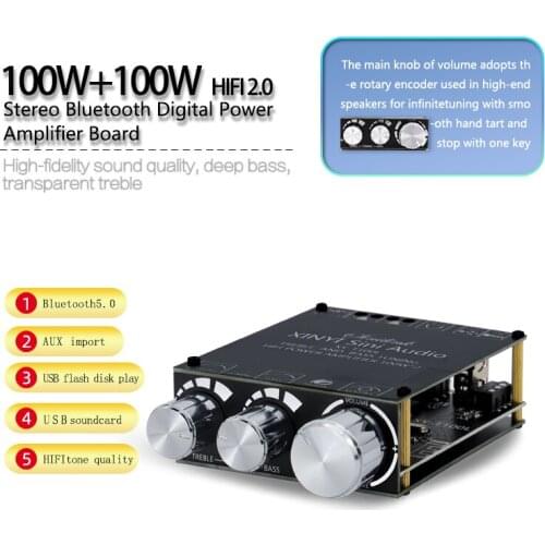 T100L 2*100W Bluetooth 5.0 Subwoofer Amplifier Board High Power Audio Stereo Amplifier Board AUX USB Bass Treble AMP