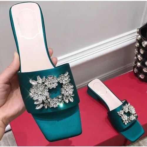 Silk Slides Crystal Buckle Decor Slippers Genuine Leather Square Toe Slip on Fashion Luxury Brand New Designer Shoes for Women