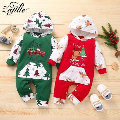 ZAFILLE Baby Christmas Clothes Baby Rompers Deer Printed Hooded For Baby Winter Jumpsuit My First Christmas For Newborn Overalls