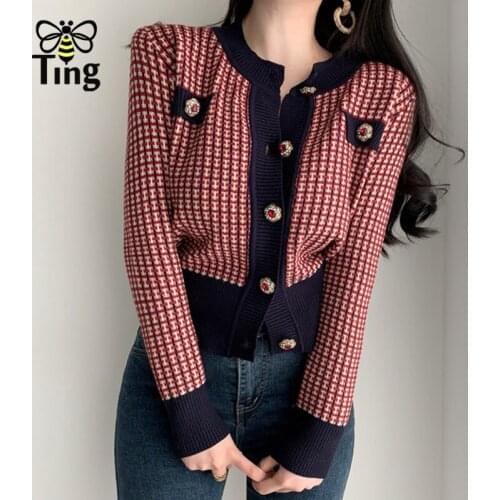 Tingfly Vintage Elegant Ulzzang Sweaters Single Breasted Plaid Knit Cardigans Sweet Girl Casual Slim Knitwear Pulls Top Zaful