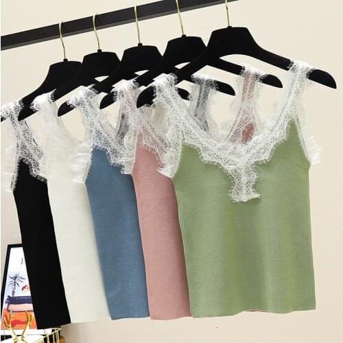 Summer Women Knitting Buttons Patchowrk Lace V-neck Camis Tops Sleeveless Tee shirts Girls Tops Knitwear FL1335