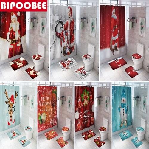 Merry Christmas Snowman Santa Claus Elk Shower Curtains Bathroom Curtain Anti-slip Mat Carpet Toilet Partition Home Decor