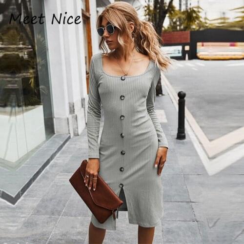 Sexy O Neck Buttons Knee Length Dress Bodycon Ribbed Long Sleeve Autumn Winter Dress Club Party Dress Women Dresses
