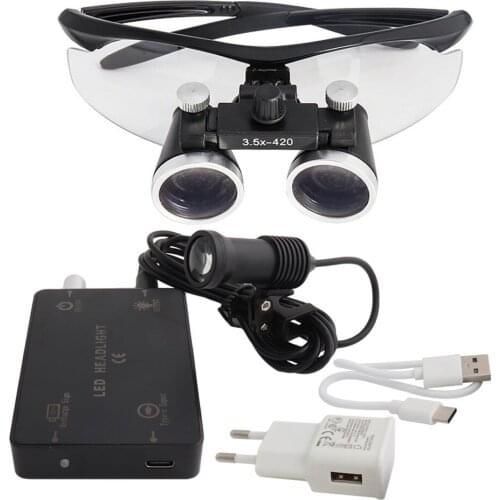 2.5 3.5x420 Dental Loupes Medical Magnifier Magnification Binocular 3W Headlight Headlamp USB Connection Cloth Case
