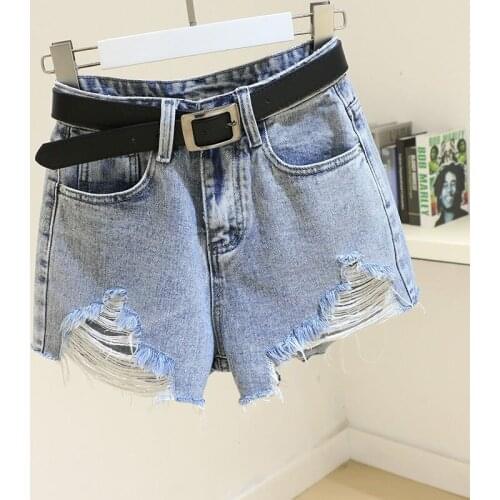 2021 Women Spring Summer Vintage Denim Shorts Female Slim Sashes Hole High Waist Wide Leg Shorts Ladies Casual Solid Shorts H665