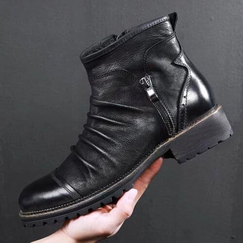 Big Size 48 Vintage Men Boots Fashion Cowboy Ankle Boots High-quality Motor Cycle Black Brown Leather Boots for Men Casual Shoes