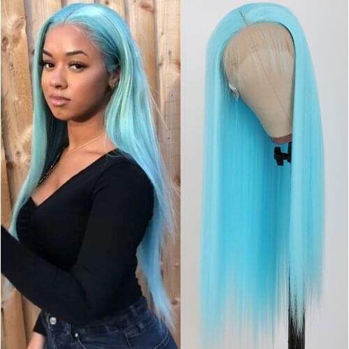TaBeWay Long Straight Synthetic Lace Front Wigs Blue Color Wig Heat Resistant Natural Hair Wig For Fashion Women 180 Density