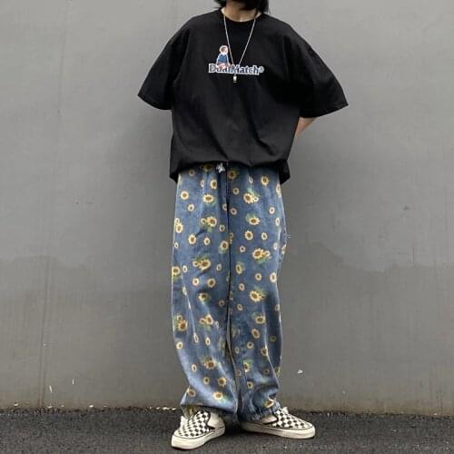 2020 Mens Fashion Baggy Homme Cargo Pocket Jeans Flower Printing Haren Pants Blue Color Casual Pants Biker Denim Trousers