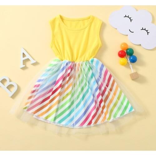 Rainbow Striped Tulle Dress Toddler Kids Baby Girls Party Princess Dress Summer Sleeveless Children Dresses For Girl Clothing