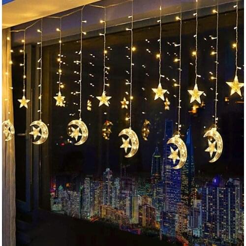 Battery operated 2.5M 138leds Moon Star Curtain String Lights Ramadan Decorations Garland lamp for Christmas Party Wedding