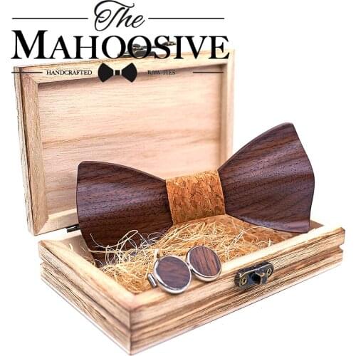 Mahoosive Man Fashion Wooden Bowtie 3D Corbatas Gravata Jacquard Tie Handkerchief Cufflinks Tie For Men Gift for men with Box
