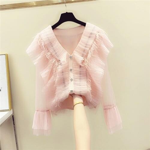 Sweet Tassel Chiffon Women Shirts 2020 Summer New Solid Lace Patchwork Turn-Down Collar Long-Sleeved Lady Elegant Outwear Tops
