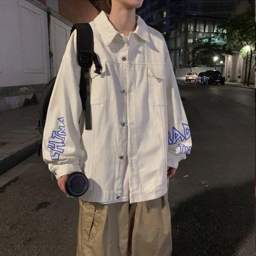 Mens Casual Denim Jacket Spring Hong Kong Style Handsome Korean Loose Print Personality Light Up Street Lapel Hip Hop Punk Coat