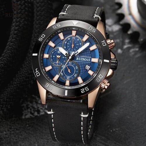 RUIMAS Chronograph Watches Men Luxury Top Brand Quartz Watch Man Army Leather Strap Waterproof Wristwatch Relogios Masculino 572