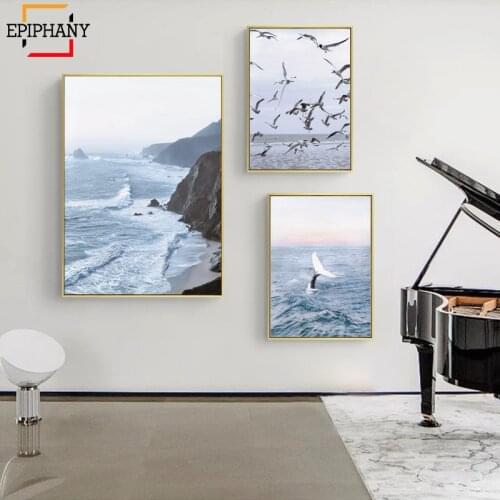 Navy Blue Triptych Wall Art Coastal Print Ocean Whale Gallery Canvas Painting Seascape Nordic Wall Pictures for Living Room