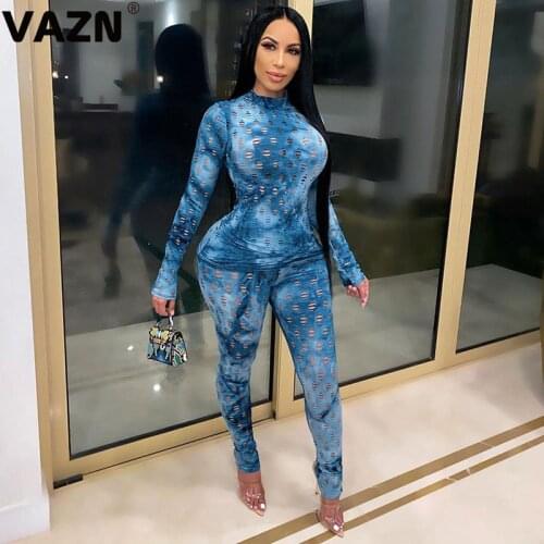 VAZN 2020 New Special Full Sleeve O-Neck Hollow Out Women Casual Fashion Set Holiday Women Young Energetic Set