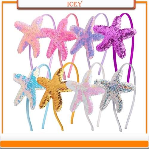 1pc Girl Beach Sequins Starfish Princess Mermaid Headbands Sparkly Bling Kids Hair Hoop Glitter Hairband for Birthday Party