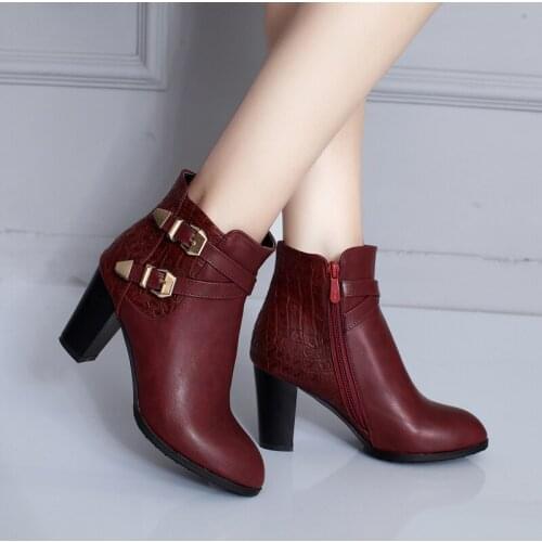Autumn Women Boots Square High Heel Ankle Boots Fashion Pointed Toe Buckle Winter Zipper Boots Female Boots Black Wine red