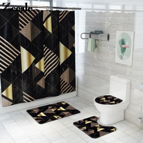 Black Plaid Print Bathroom Carpet Rug Bath Mat and Waterproof Shower Curtain Set Memory Foam Toilet Seat Cover Mat Foot Mat