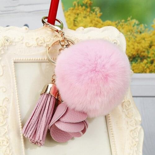 Diy pom pom rabbit fur ball fluffy keychain keyring pendant leather flower tassel bag purse charms jewelry key chain women gift