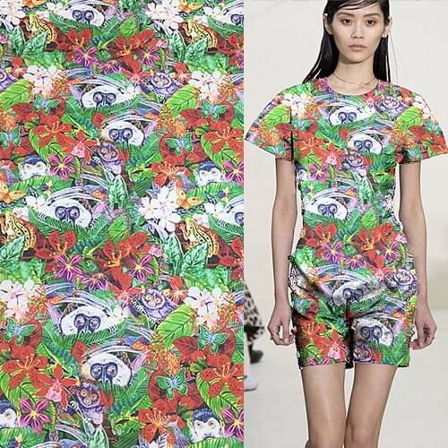 Silk and linen fabric animal and flower design baboons and floral print,SLN137