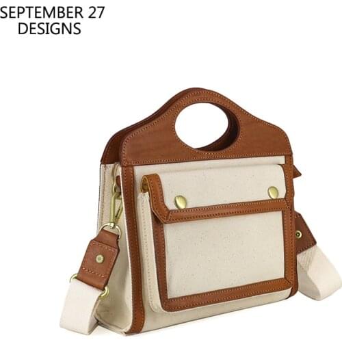 New Style Messenger Bag Ladies Canvas & Vegetable Tanned Leather Vintage Panelled Shoulder Crossbody Bags Female Travel Handbag