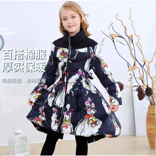 European American New Standing Collar Printing Waist Bow Big Skirt Skirt Childrens Winter Wear Princess Printing 2020 Versatile