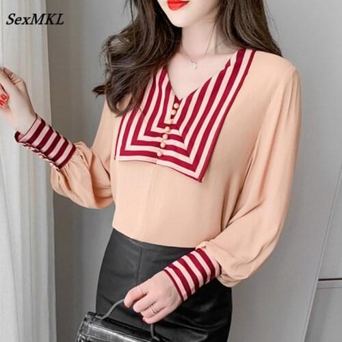 Women V Neck Chiffon Blouses Long Sleeve 2021 Korean Fashion Sexy White Office Shirts French Elegant Y2k Striped Ladies Tops XXL