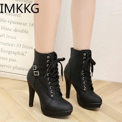 2020 Winter Women Ankle Boots Platform Boots Cross-Strap Buckle Round Toe Lace-Up Shoes Thin High Heels Dress Shoes