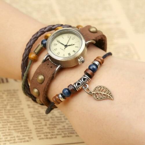 Fashion Hot Sale Retro Leather Bracelet Watch Women Beads Leaf Womans WristWatch Gift 2021