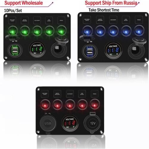 10pcs 5Gang Waterproof Switch Panel For Car Boat Yacht Caravan Truck With Voltmeter Dual USB Socket 12-24V LED Accessories Set