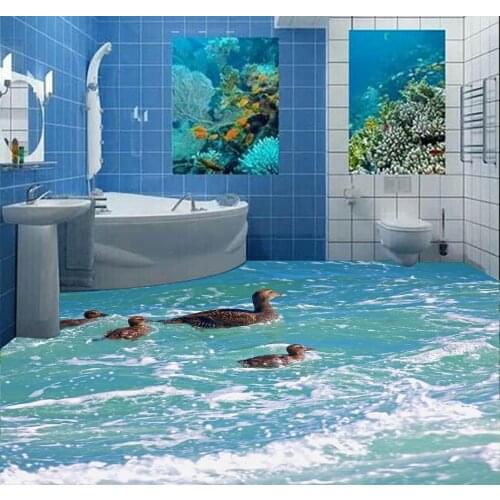 3d floor painting wallpaper Waterfowl Duck Water 3D Bathroom Floor Painting pvc self-adhesive wallpaper