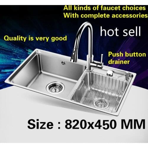 Free shipping Hot sell standard kitchen sink add push button drainer food grade 304 stainless steel big double groove 82x45 CM