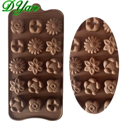 Free Shipping 15hole Rose Flower Sun Flower Daisies Chocolate Silicone Mold Cake Mould Cupcake Fondant Cake Mold B026