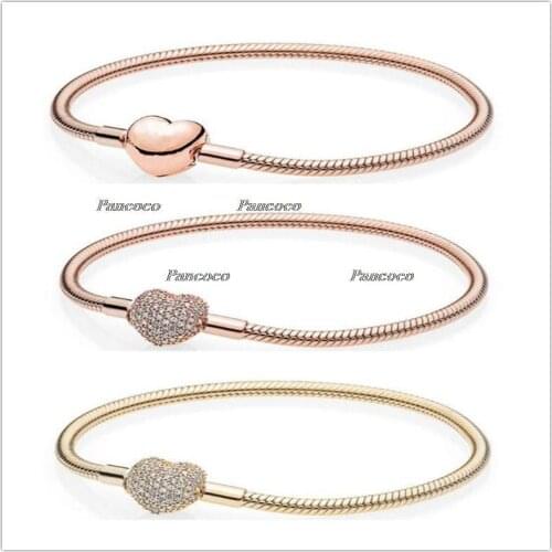 925 Sterling Silver Bracelet Rose Gold Pave Heart Clasp With Crystal Bracelet Fit Women Bead Charm Diy Pandora Jewelry