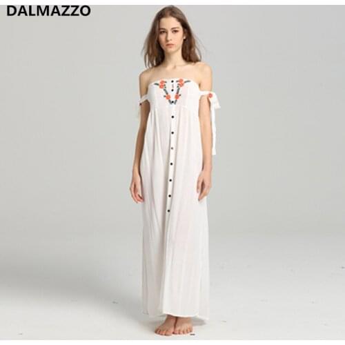 DALMAZZO 2020 New Women White Loose Slash Neck Sleeveless Strapless Long Dresses Printed Embroidery Bohemian People Cotton Dress