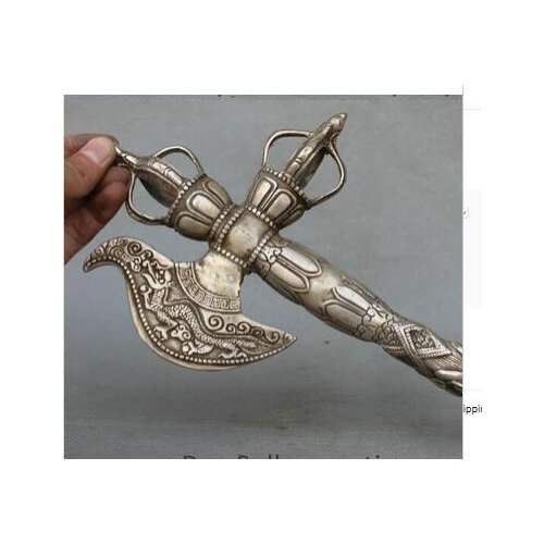 Pure white Copper Gilt Tastefully Tibetan 12" Tibet Buddhism Religion Silver BiXie Dragon Beast Head Phurba Dagger Holder