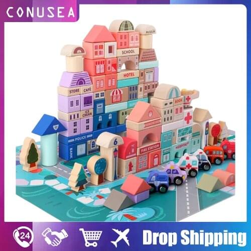 DIY 115Pcs/set Kids Colour Wooden Building Block City Traffic Geometric Shade Educational Childrens Toys for Boys Girls Baby