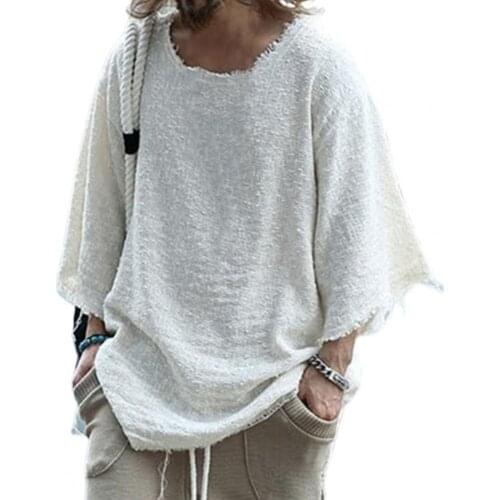 Men Long Sleeves T-shirt Solid Color Loose Streetwear Round Neck Burrs Edge Top for Male 2021 Summer Autumn Fashion Men Clothes