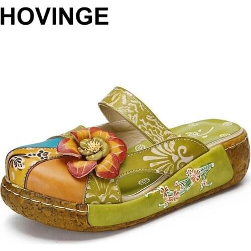 HOVINGE2020 summer women slippers shoes handmade flower platform genuine leather ladies outside slippers big size 4 color