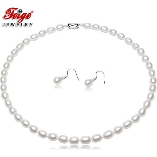 FEIGE High Quality 7-8mm White Freshwater Pearl Necklace Set For Women Wedding Accessories Fine Jewelry Set 925 Silver Earring