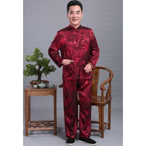 Men Satin Kung Fu Suit Chinese Dragon Wu Shu Uniform Tai Chi Clothing Long Sleeve Shirt+Long Pant Sets Hot Sale Plus Size 4XL