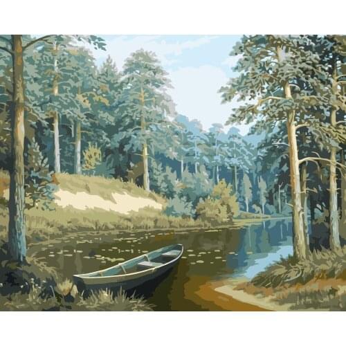 MaHuaf-i048 pine trees boat landscape coloring by numbers diy digital oil paintings on canvas wall decorations for living room