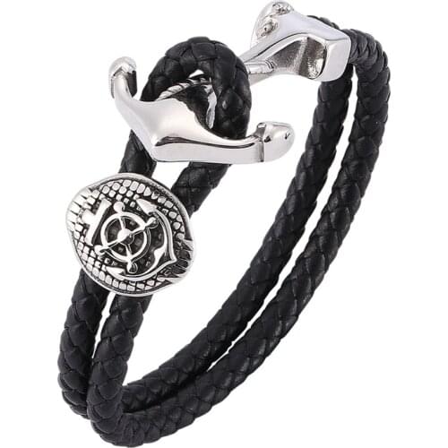 Punk Anchor Clasp Genuine Leather Woven Wristband Men Jewelry Stainless Steel Bangles Double Layer Charm Bracelets Gift SP0181