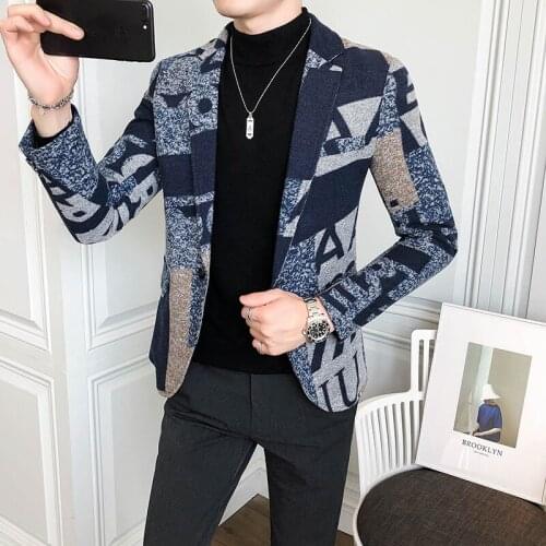 2021 Letter Print Wool Woolen Blazer Men Winter Men Blazer Casual Suit Jacket Slim Party Club Wedding Social Blazer Homme 5XL