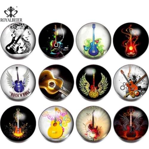12pcs/lot 18mm Music Guitar Charm Bracelets Unisex Glass Snap Button Jewelry Use For Necklace Pendant Snaps Jewelry KZ0189
