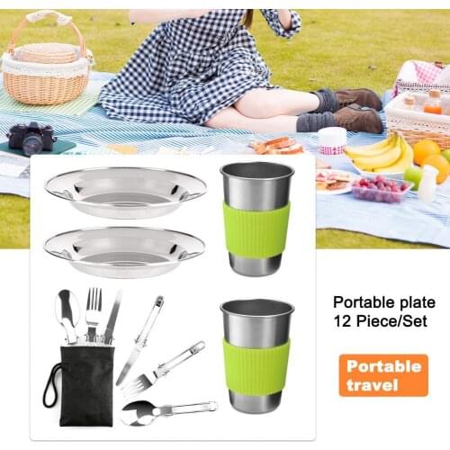 Portable 12Pcs/Set Durable Camping Picnic Dinnerware Set Long Service Life Camping Tableware Smooth Surface for Travel