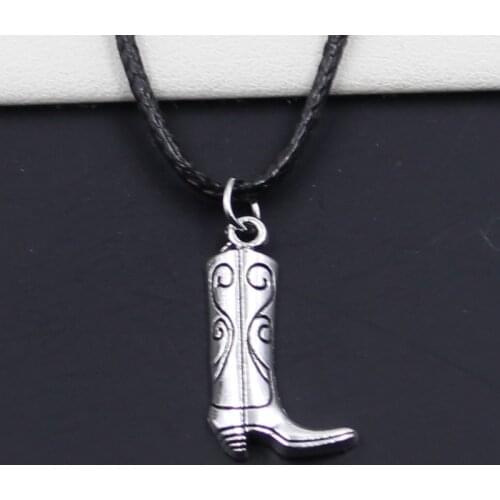 New Durable Black Faux Leather Western Cowboy Boots Pendant Cord Choker DIY Necklace Retro Boho Tibetan Silver Color