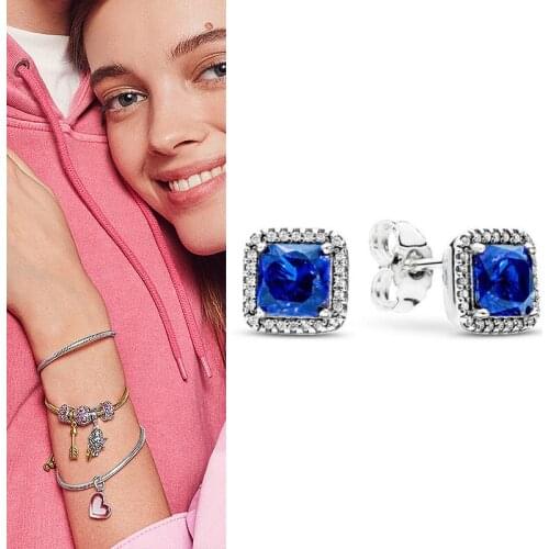 Original 925 серьги Silver Pan Earrings Blue Fashion Square With Crystal Pan Earrings For Women Wedding Gift Fashion Jewelry